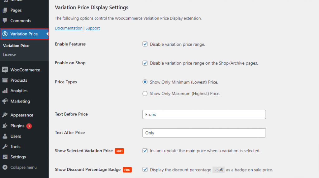 woocommerce variation price display plugin settings menu 1