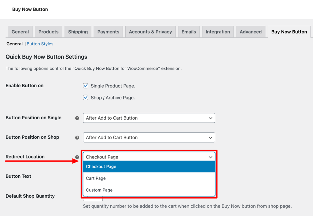 buy now button redirect location options